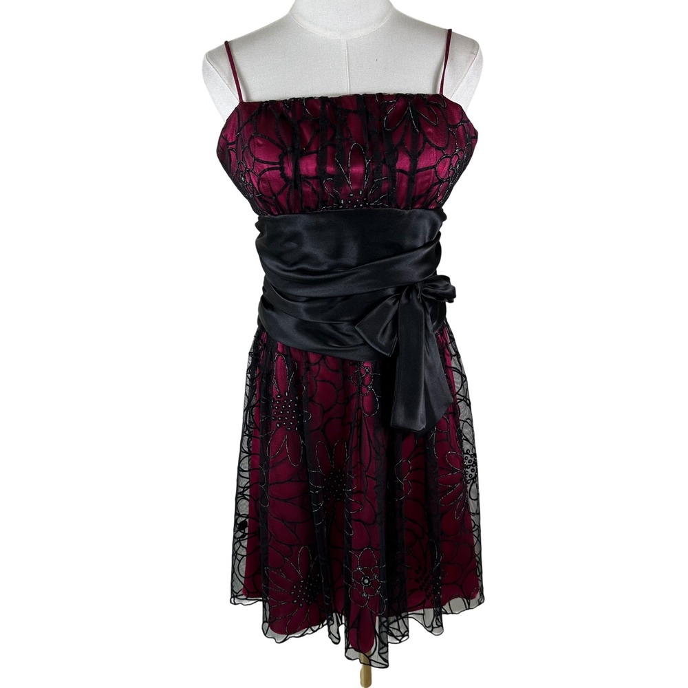 Vintage Dollar Dress L Magenta Black Tulle Mesh Overlay Y2K Goth Whimsigoth Mini